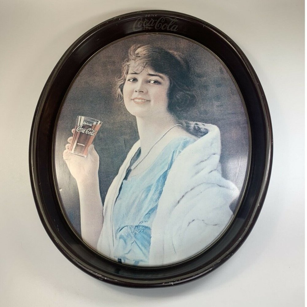 Vintage 1973 COCA COLA Ad Oval Tin Serving Tray Wall Decor 1923 Flapper Girl
